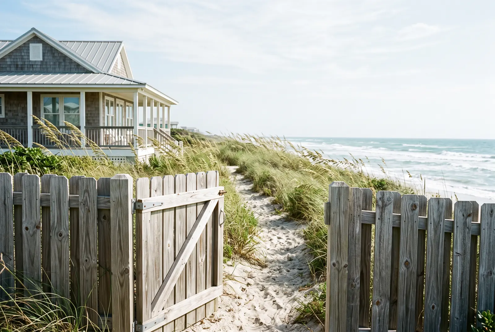 Weathered cedar fence and gate at an Atlantic Beach dune path