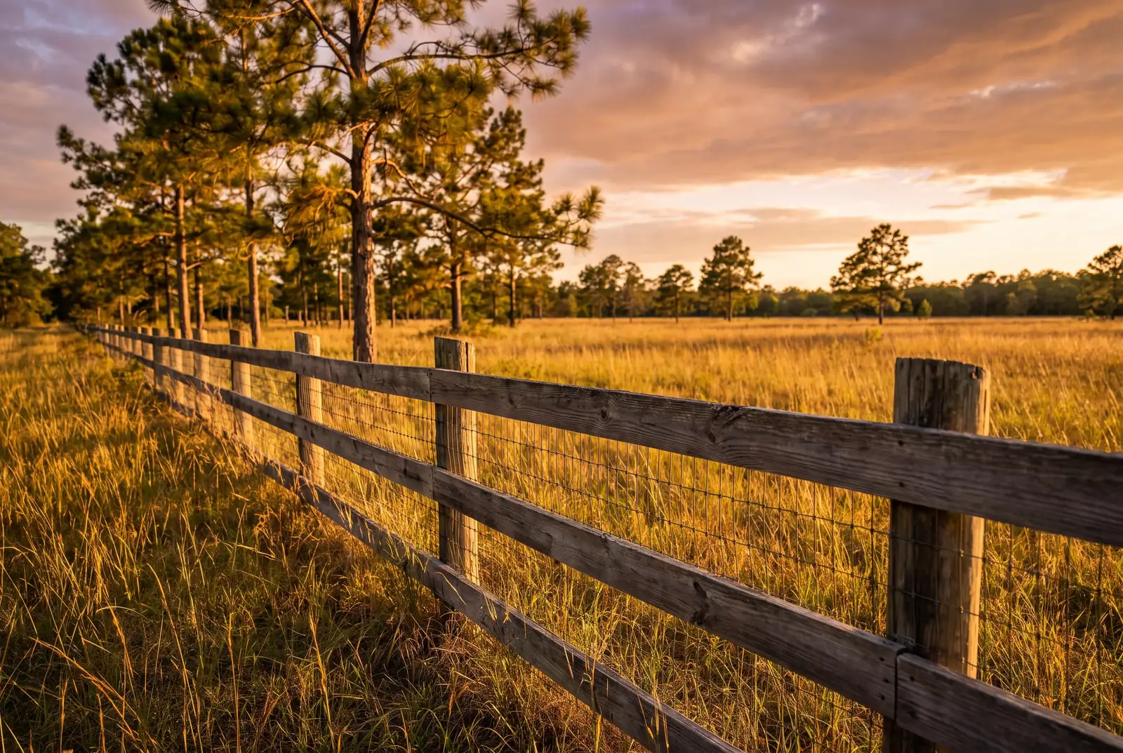 Three-rail ranch fence with woven wire across a North Florida pasture