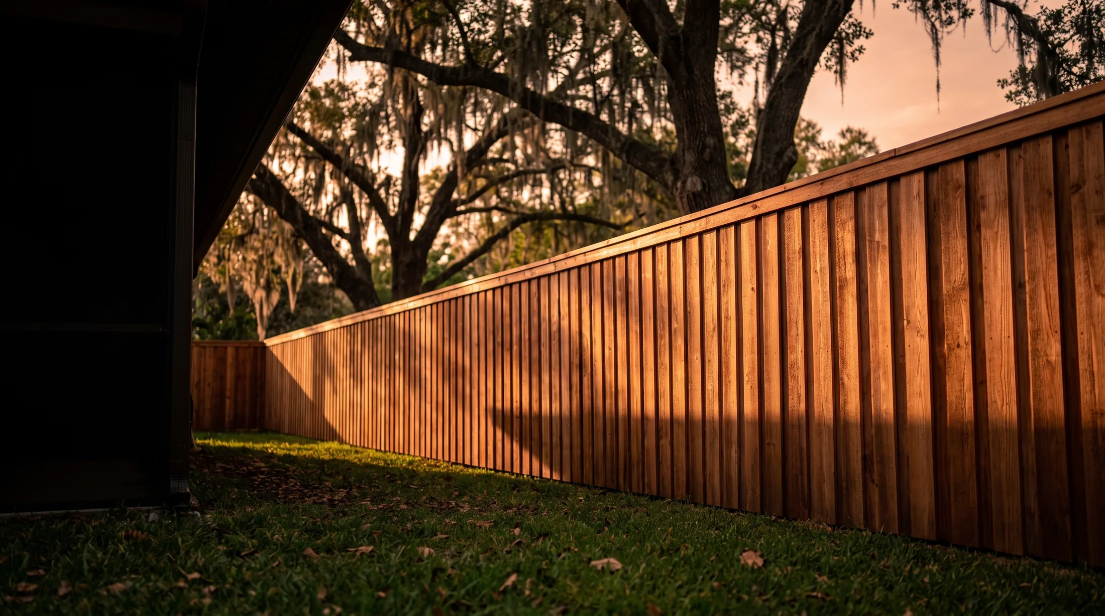 A new cedar privacy fence running down a Jacksonville backyard at golden hour