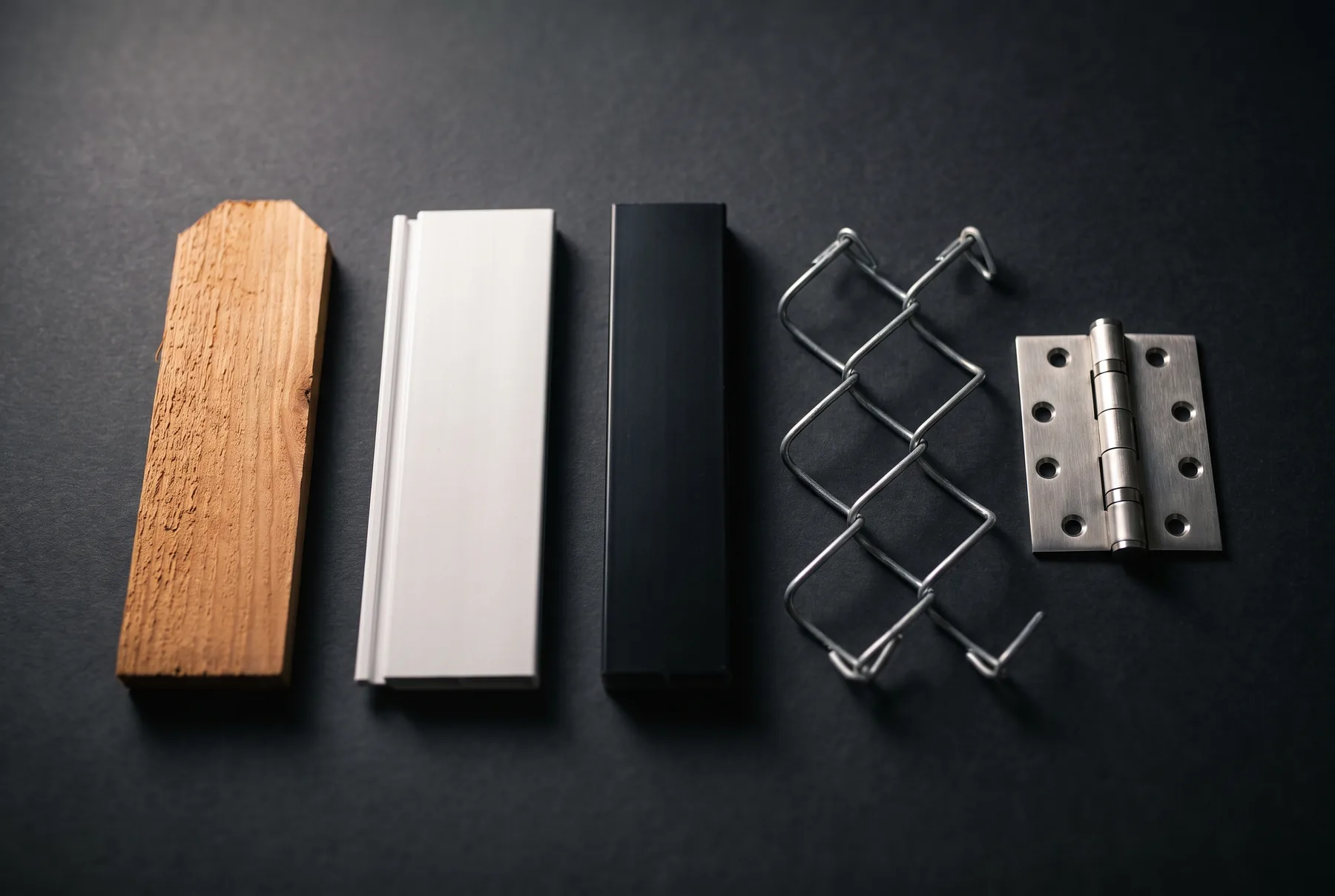 Cedar, vinyl, aluminium, chain link and stainless hardware samples laid out on a dark surface